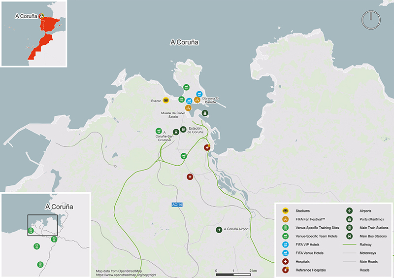 Kaart van teruggetrokken kandidaat-speelstad A Coruña