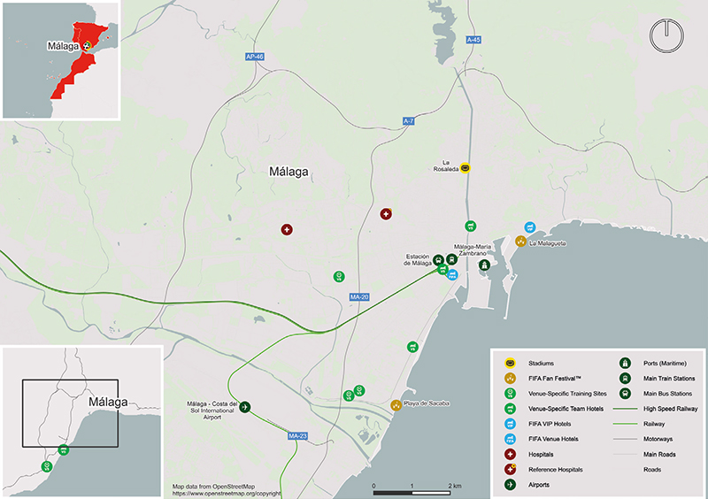 Kaart van teruggetrokken kandidaat-speelstad Malaga
