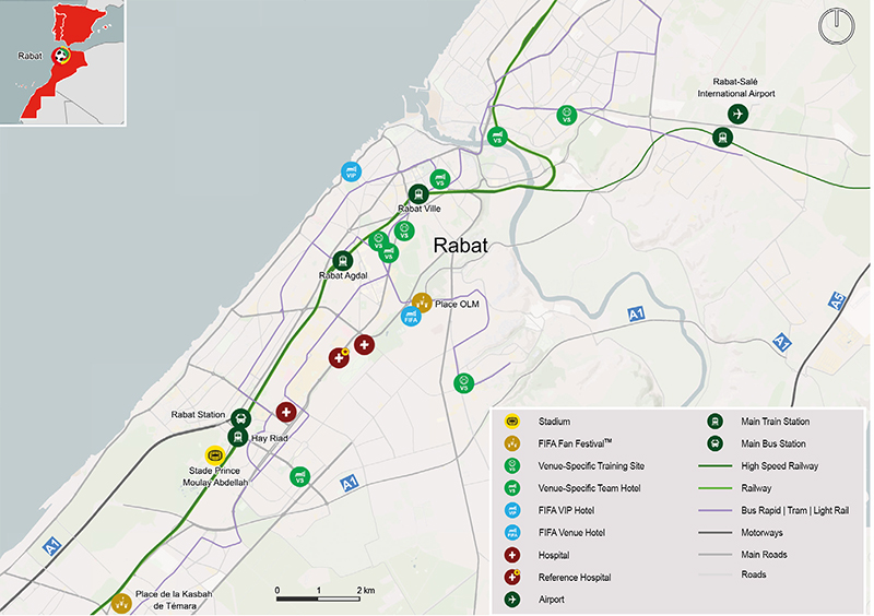 Kaart van WK 2030 speelstad Rabat