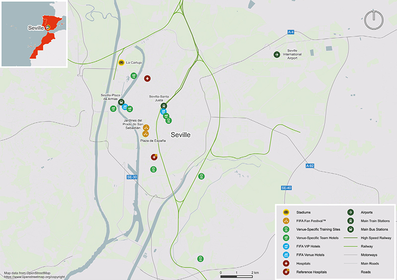 Kaart van WK 2030 speelstad Sevilla